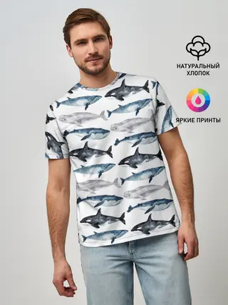Мужская базовая футболка / принт с китами