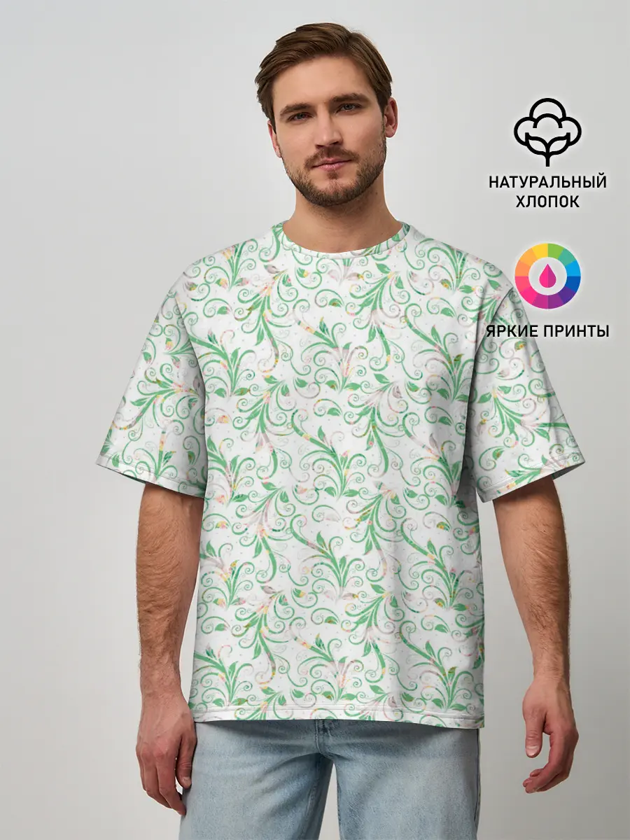 Мужская футболка оверсайз / Весенние узоры из листьев
