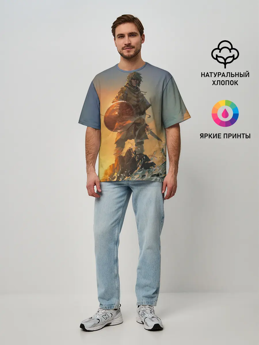 Мужская футболка оверсайз / Винланд стоит на скале сага
