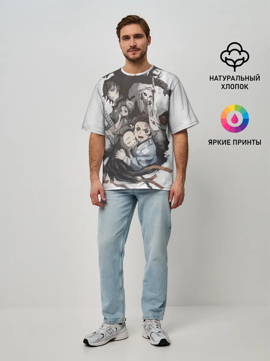 Мужская футболка оверсайз / Kimetsu no Yaiba на сером