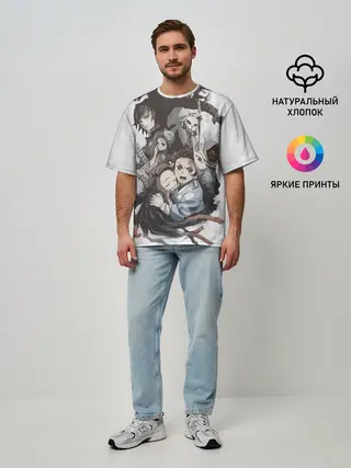 Мужская футболка оверсайз / Kimetsu no Yaiba на сером