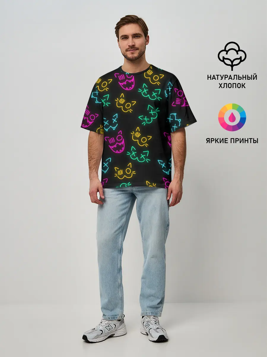 Мужская футболка оверсайз / НЕОНОВЫЕ КОТИКИ / NEON FACES CATS