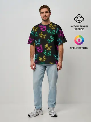 Мужская футболка оверсайз / НЕОНОВЫЕ КОТИКИ / NEON FACES CATS