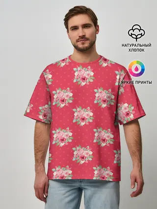 Мужская футболка оверсайз / Красные цветы розы