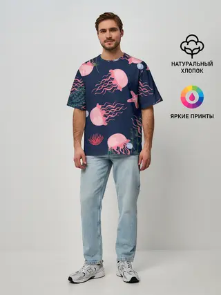 Мужская футболка оверсайз / розовые медузы