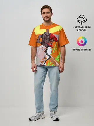 Мужская футболка оверсайз / Человек-Бензопила на голубом фоне