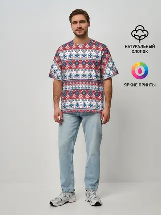 Мужская футболка оверсайз / Этнический красно-синий узор
