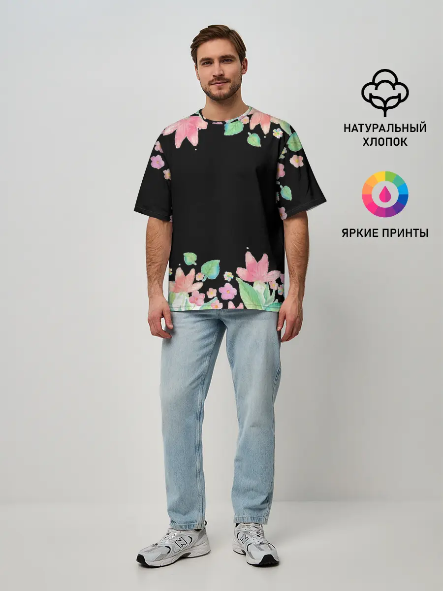 Мужская футболка оверсайз / Рамка из розовых и зеленых листьев