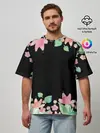Мужская футболка оверсайз / Рамка из розовых и зеленых листьев