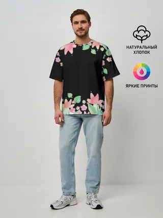 Мужская футболка оверсайз / Рамка из розовых и зеленых листьев