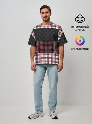 Мужская футболка оверсайз / Комбинированный красно-серый