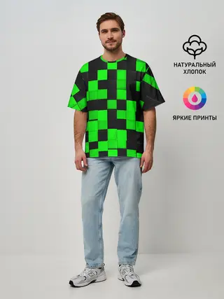 Мужская футболка оверсайз / ЗЕЛЕНЫЕ КУБИКИ