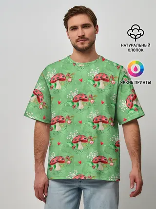 Мужская футболка оверсайз / Грибы Мухоморы паттерн