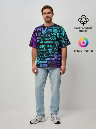 Мужская футболка оверсайз / ЛОГОТИПЫ ИГР НЕОН / NEON GAMES LOGO