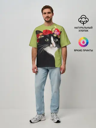 Мужская футболка оверсайз / Кот и цветы