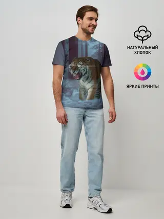 Мужская базовая футболка / ТИГР В СУМЕРЕЧНОМ ЛЕСУ