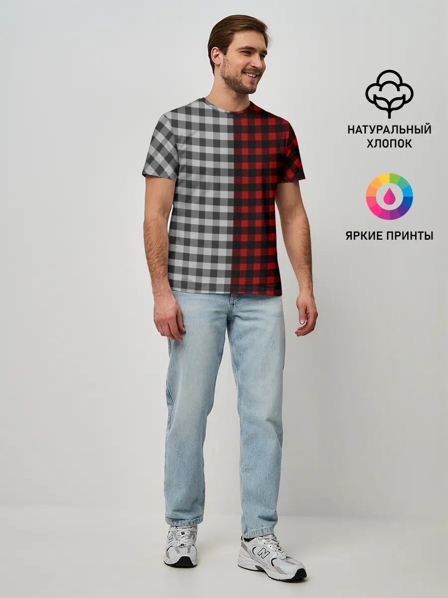 Мужская базовая футболка / Красно белая рубашка в клетку