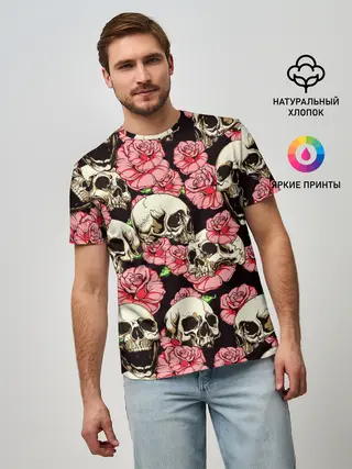 Мужская базовая футболка / Черепа и цветы