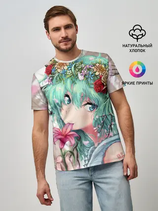 Мужская базовая футболка / Цветок и Хацуне Мику