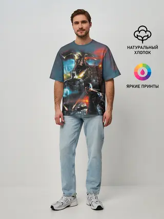 Мужская футболка оверсайз / Batman, Cyborg VS Steppenwolf