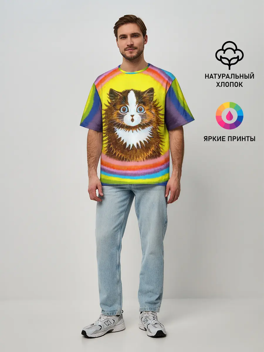 Мужская футболка оверсайз / Радужный кот Луиса Уэйна