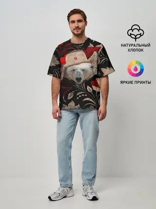 Мужская футболка оверсайз / Медведь в ушанке