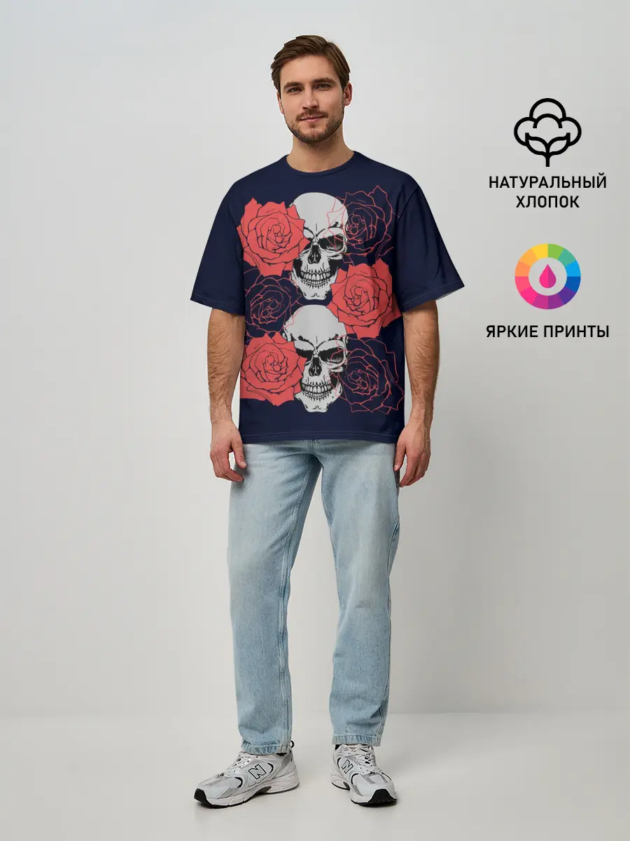 Мужская футболка оверсайз / Rose Skull