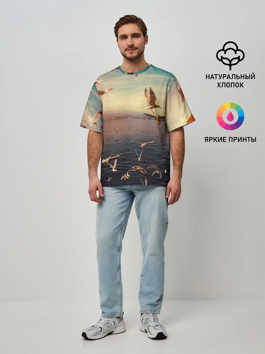 Мужская футболка оверсайз / Чайки на воде
