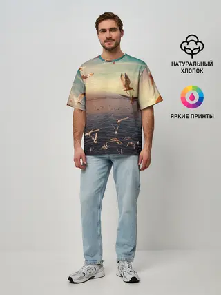 Мужская футболка оверсайз / Чайки на воде