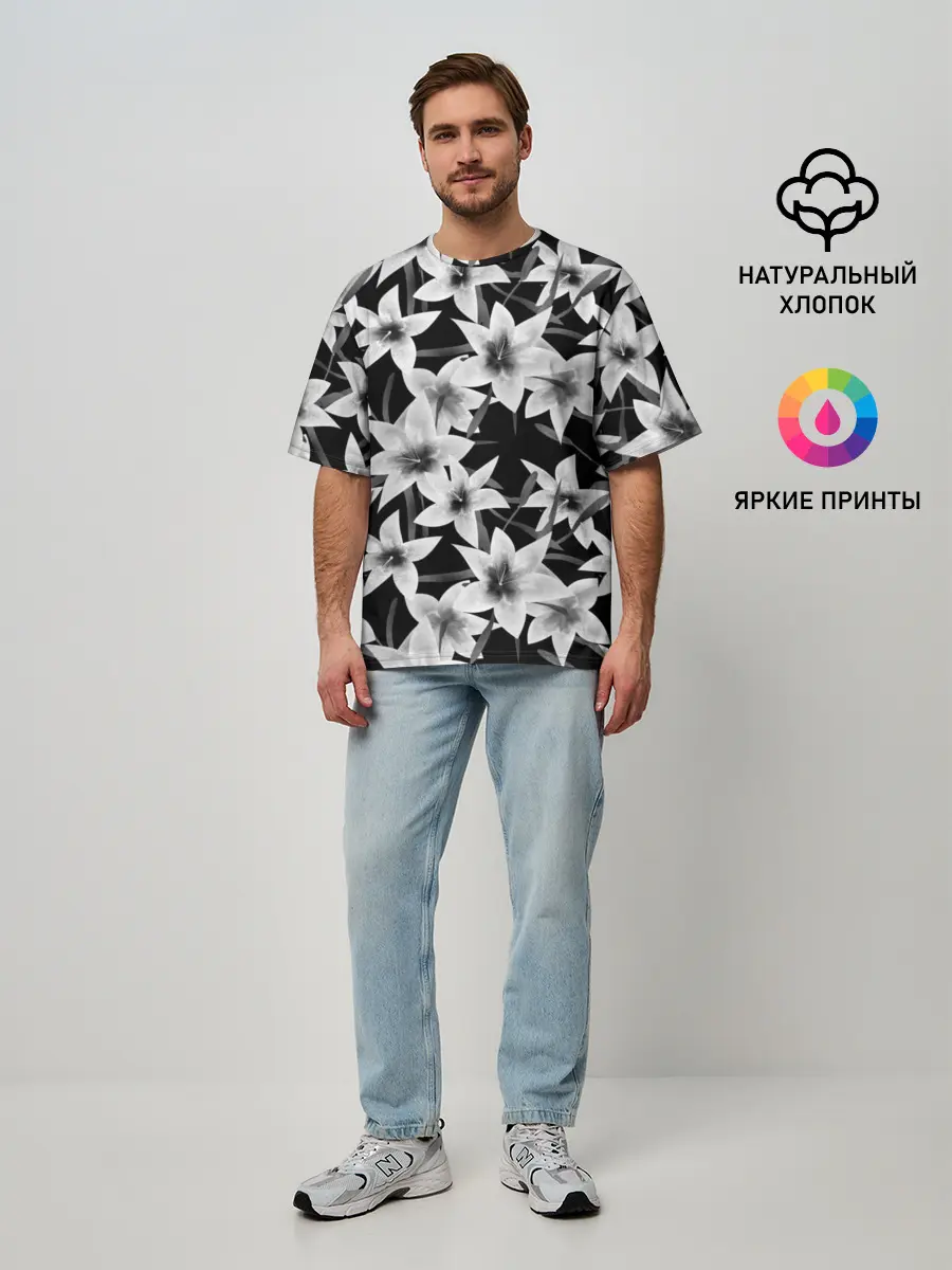 Мужская футболка оверсайз / Лилии черно-белые