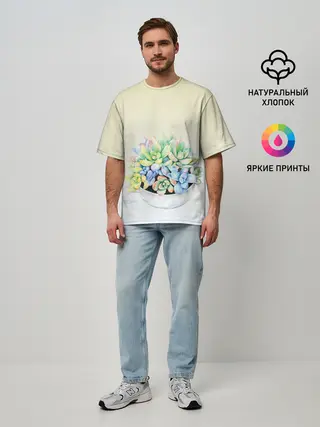 Мужская футболка оверсайз / Чашка с суккулентами