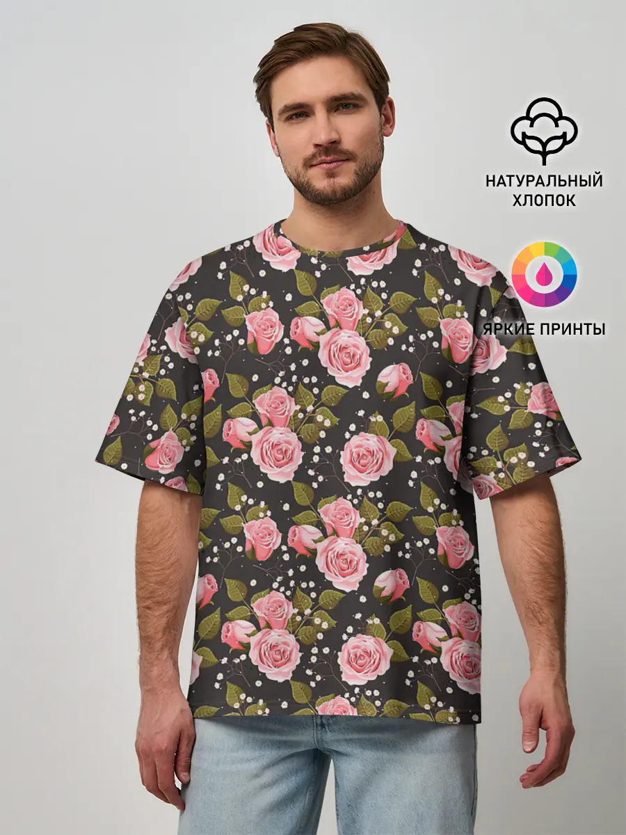 Мужская футболка оверсайз / Яркие розовые розы
