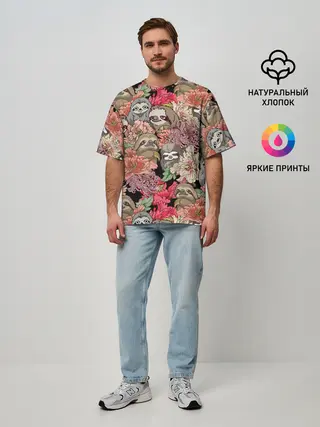 Мужская футболка оверсайз / Ленивец & Цветочки