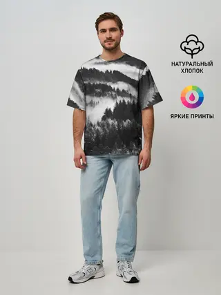 Мужская футболка оверсайз / ТУМАННЫЙ ЛЕС / МРАЧНЫЙ ЛЕС