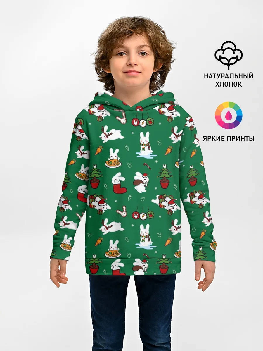 Детское худи / Новогодний паттерн с зайчиками