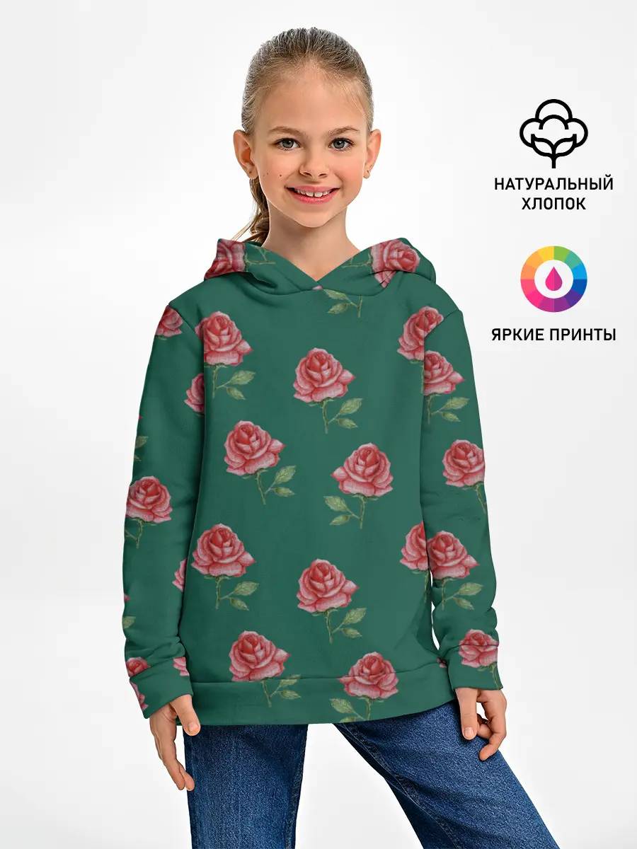 Детское худи / Розы на зеленом фоне