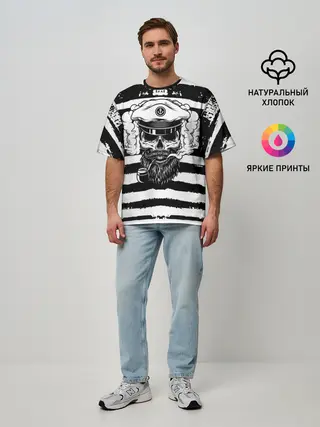 Мужская футболка оверсайз / ТЕЛЬНЯШКА ВМФ | ЧЕРЕП ФУРАЖКА