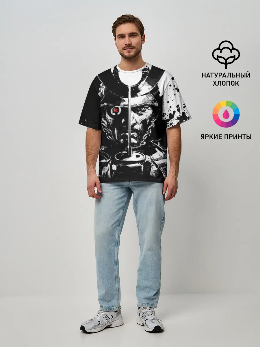 Мужская футболка оверсайз / Самурай | ЧБ | Лого