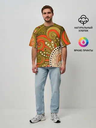 Мужская футболка оверсайз / Детский оранжево-болотный