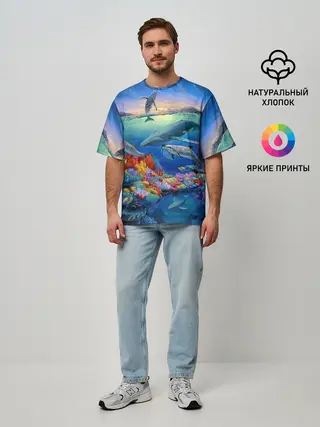 Мужская футболка оверсайз / Киты и дельфины