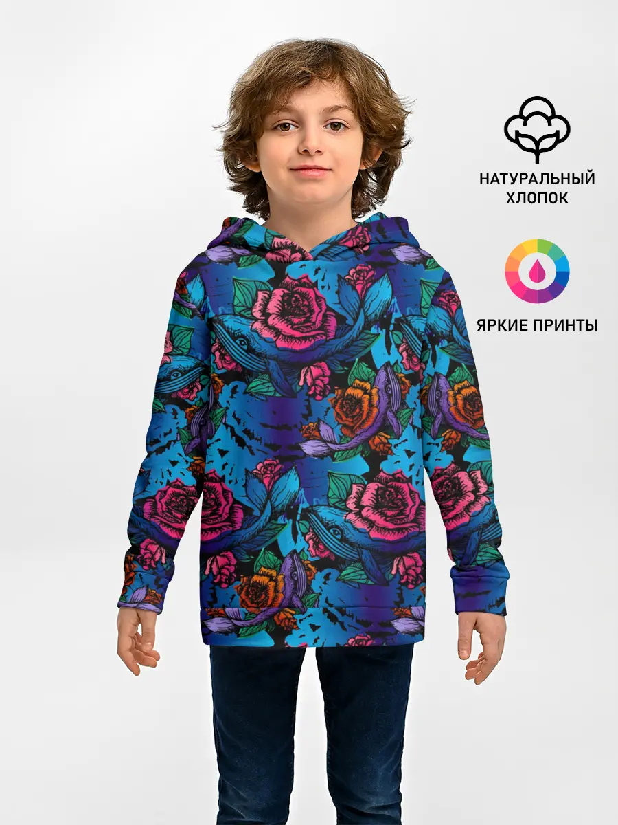 Детское худи / Киты и цветы