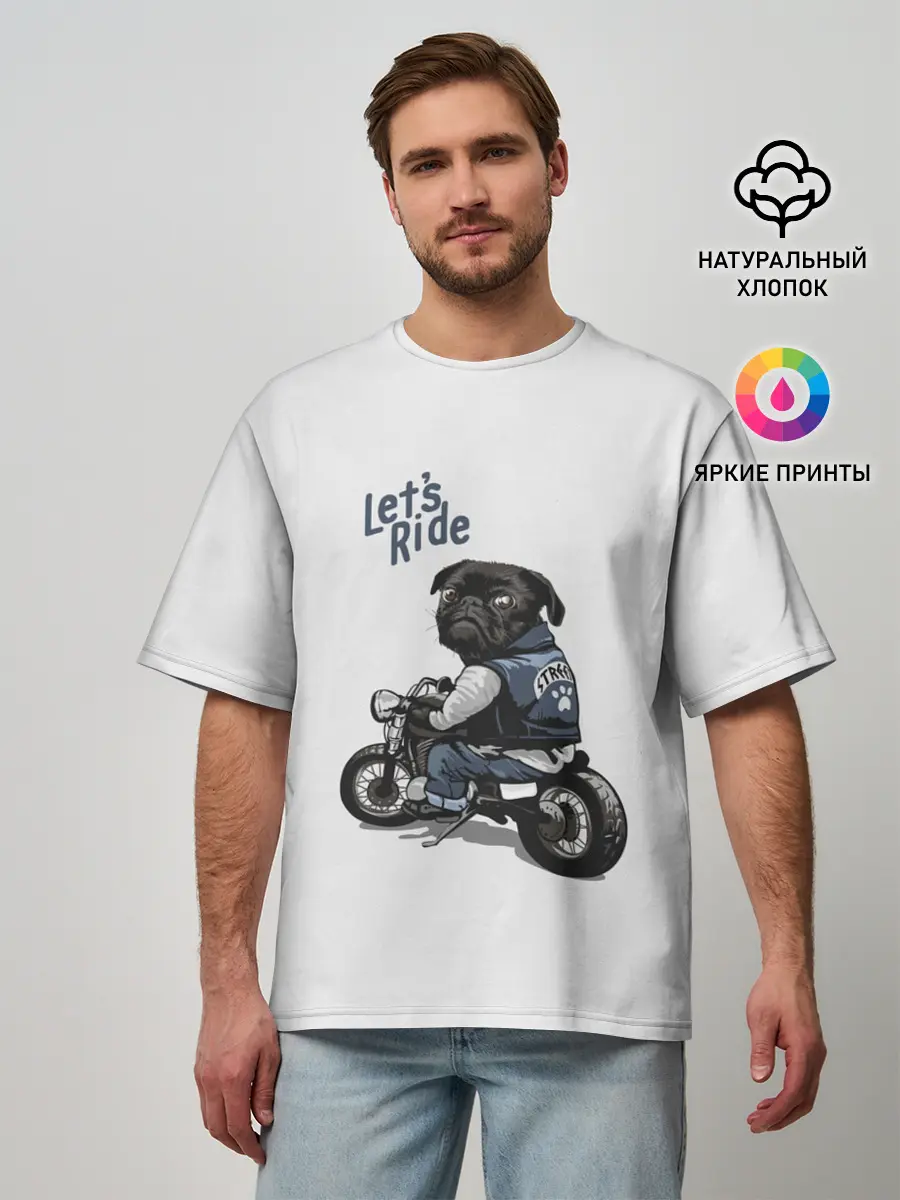Мужская футболка оверсайз / Pug Rider | Байкер Мопс