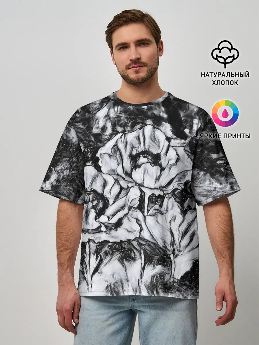 Мужская футболка оверсайз / Черно-белый узор. Маки.
