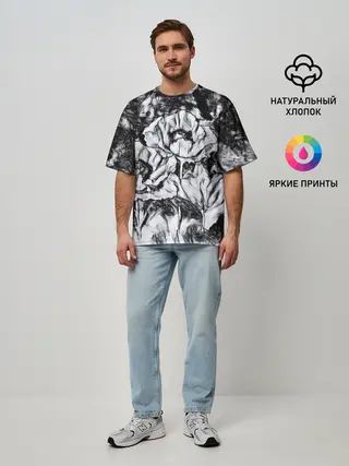 Мужская футболка оверсайз / Черно-белый узор. Маки.
