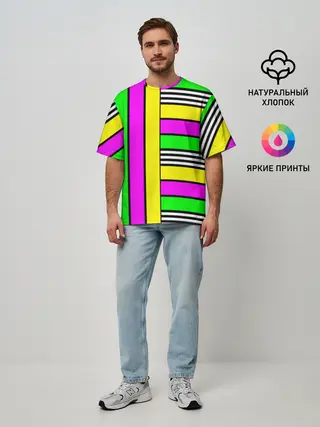 Мужская футболка оверсайз / полосатый неоновый модный узор
