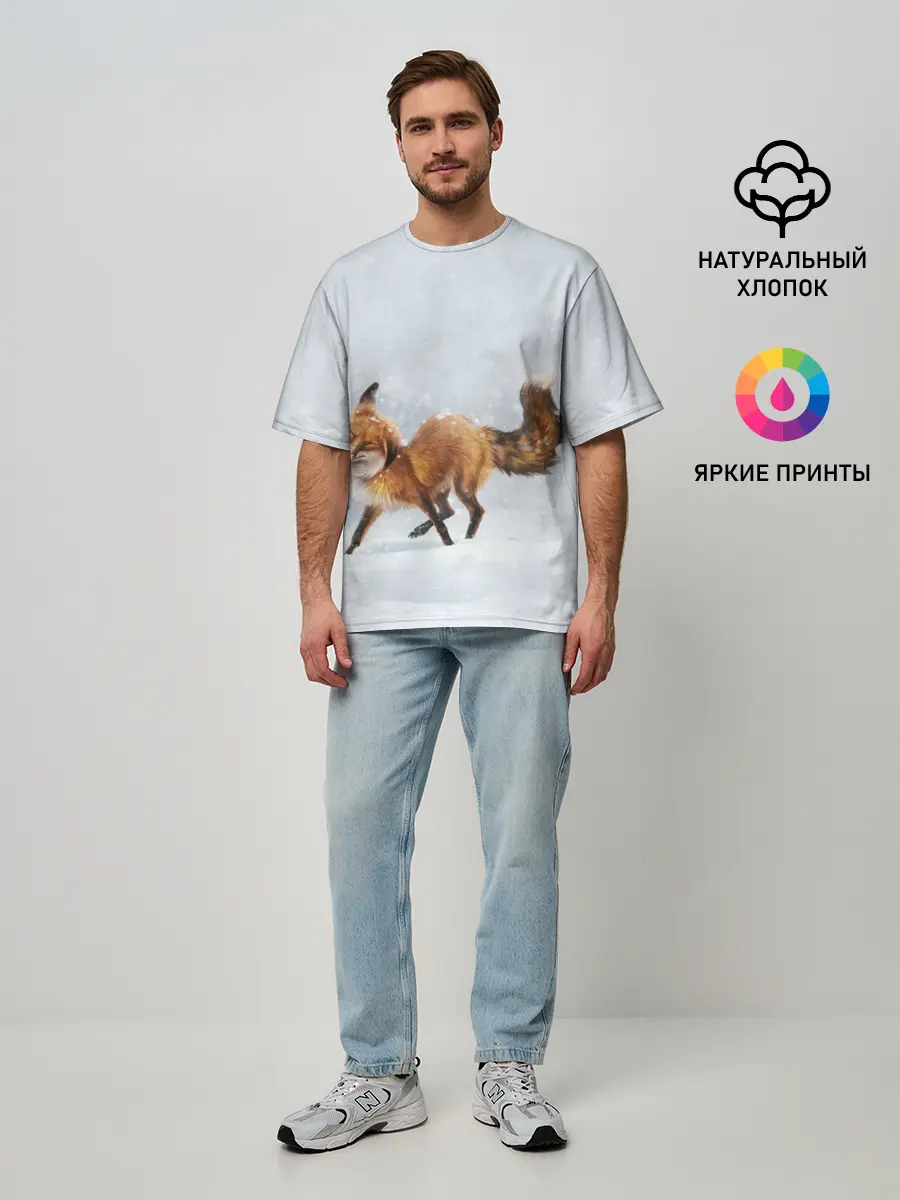 Мужская футболка оверсайз / Зимняя лисичка