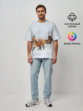 Мужская футболка оверсайз / Зимняя лисичка
