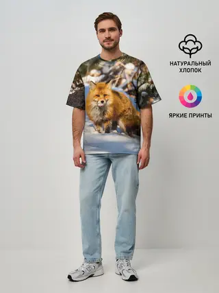 Мужская футболка оверсайз / Лиса в лесу