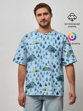 Мужская футболка оверсайз / Дождливая осень.Тучки и дождь