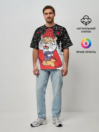 Мужская футболка оверсайз / Тигр в красном